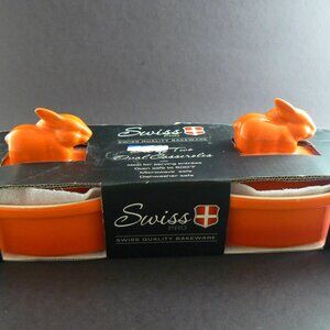 Set of Two New Swiss Red Orange Oval Small Casseroles Bunny Lid